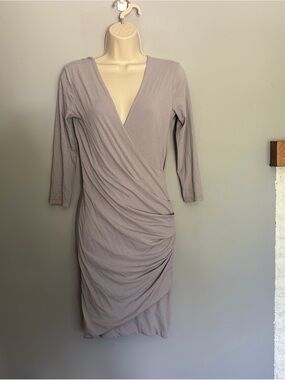 Standard James Perse Faux Wrap Dress Size L (3) Gray Knit Ruched Body Con V-Neck